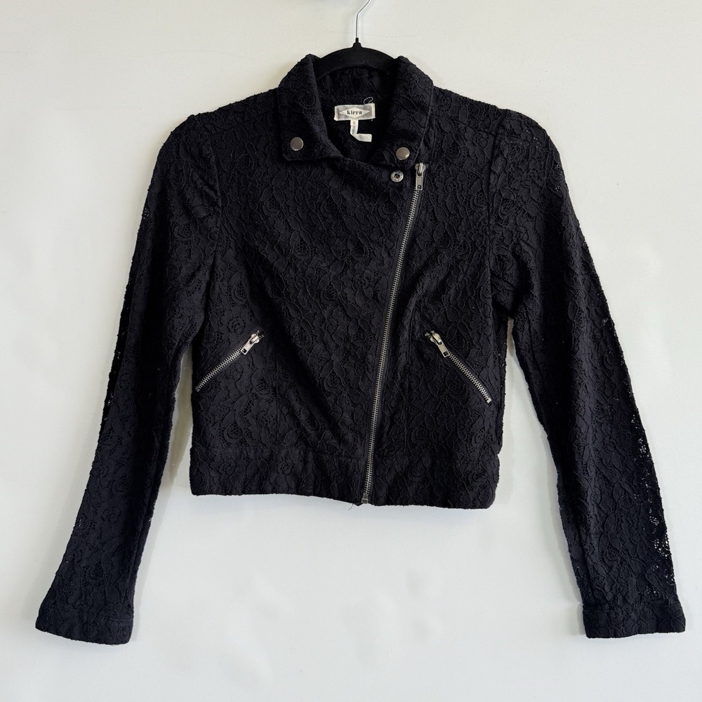 Kirra‎ Jacket Womens Juniors Small Black Lace Moto Boho Indie Grunge Edgy Zip Up